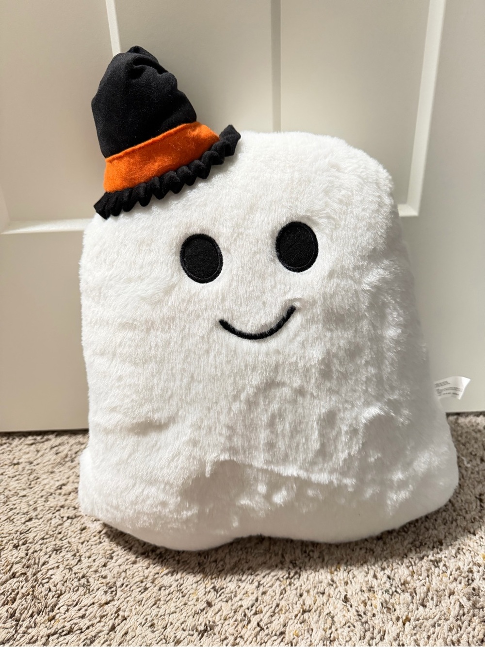 Plush White Ghost Accent Pillow with Black & Orange Witch Hat